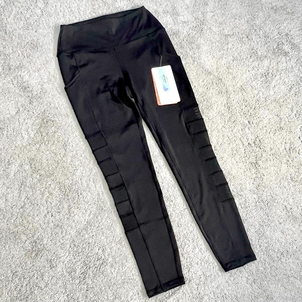 🎁 Gottex Black Athletic Leggings with Sheer Cut-outs Down Legs Size S NWT